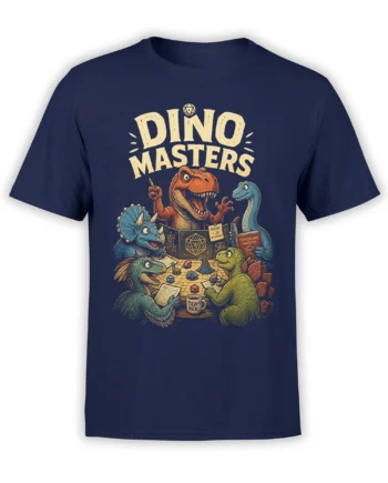 Vintage dinosaur tabletop game design with T-Rex, dice, maps, and DINO MASTERS text on a navy shirt