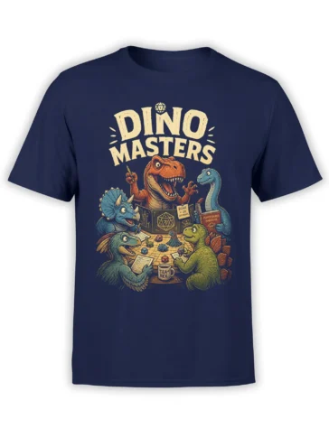Vintage dinosaur tabletop game design with T-Rex, dice, maps, and DINO MASTERS text on a navy shirt