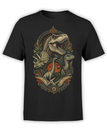 Black dinosaur T-shirt with roaring T. rex, triceratops, sauropod, pterosaurs, and vintage botanical artwork