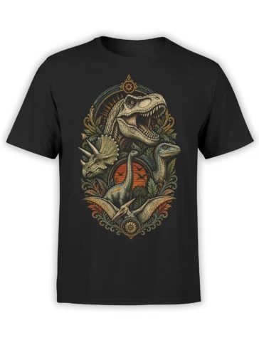 Black dinosaur T-shirt with roaring T. rex, triceratops, sauropod, pterosaurs, and vintage botanical artwork