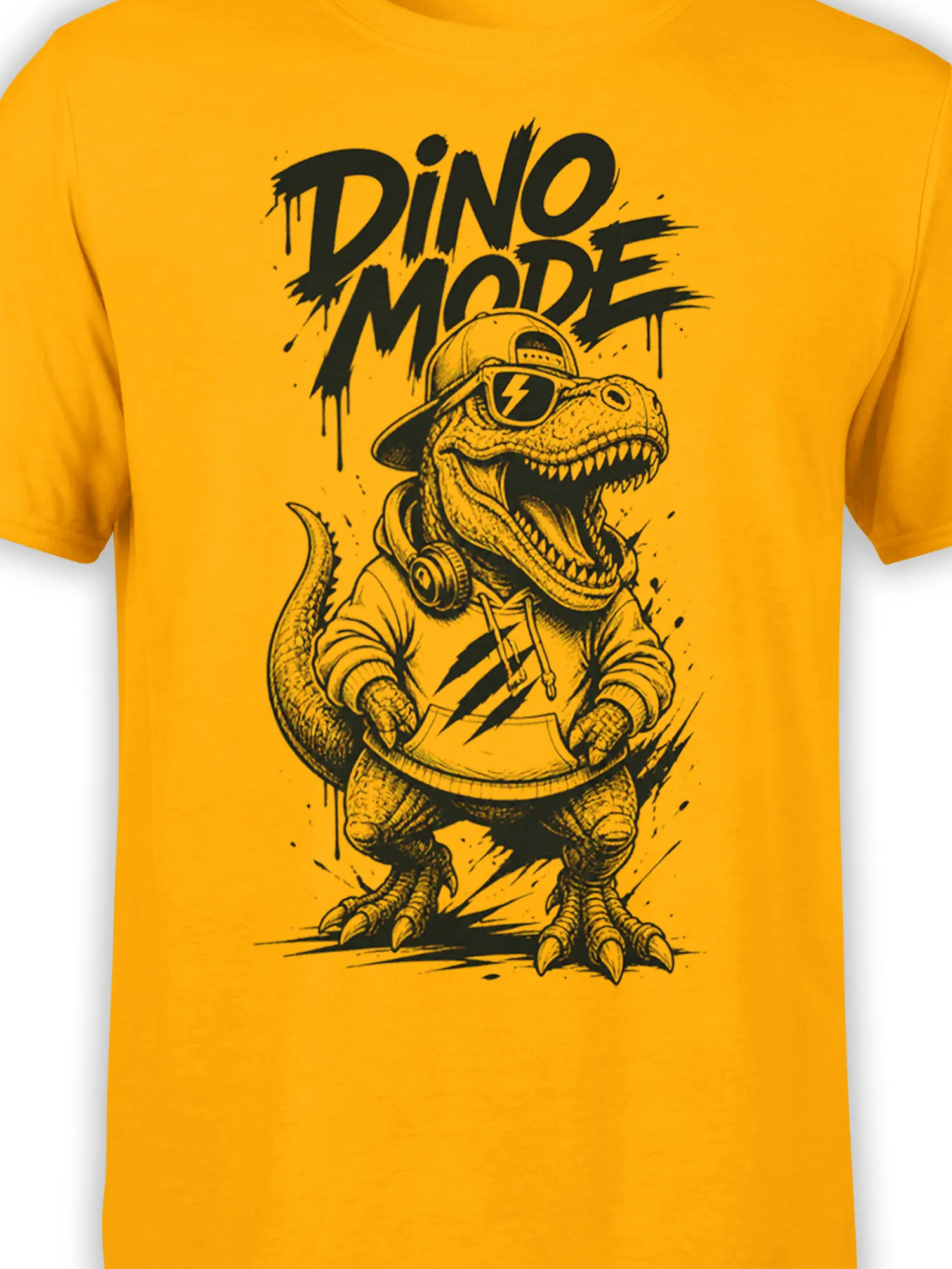 Close-up of the dinosaur graphic, sunglasses, headphones, and Dino Mode lettering on an orange shirt