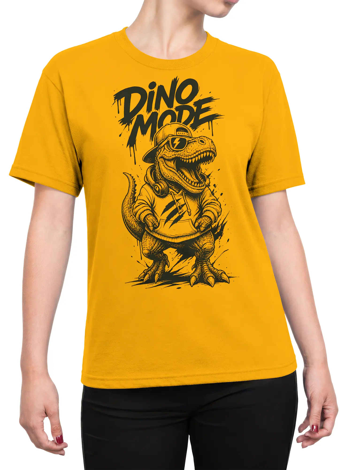 Female torso wearing an orange dinosaur T-shirt with sunglasses, headphones, and bold Dino Mode artwork