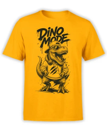 Orange T-shirt with roaring dinosaur wearing sunglasses, headphones, and a backward cap under Dino Mode text
