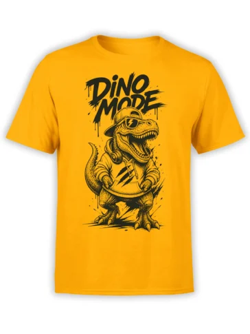 Orange T-shirt with roaring dinosaur wearing sunglasses, headphones, and a backward cap under Dino Mode text
