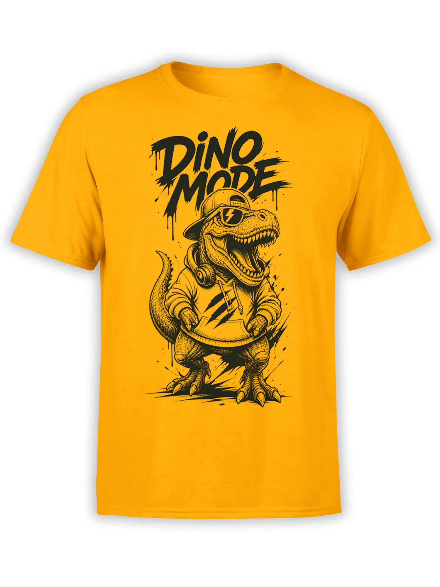 Orange T-shirt with roaring dinosaur wearing sunglasses, headphones, and a backward cap under Dino Mode text