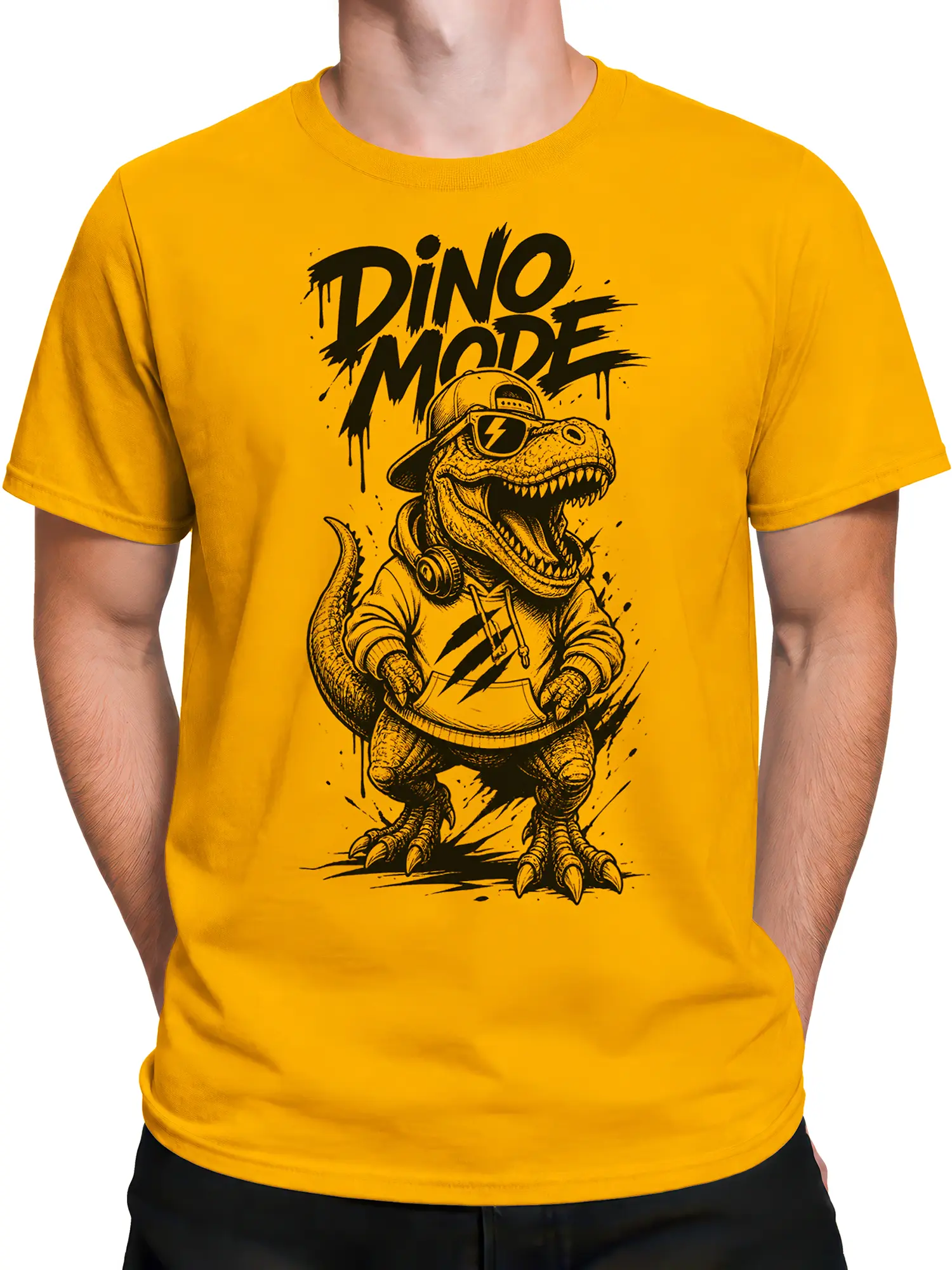 Male torso wearing an orange dinosaur T-shirt with bold Dino Mode graphic and roaring character