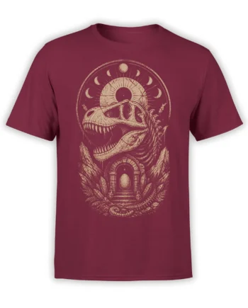 Burgundy dinosaur skull T-shirt with moon phases, crystals, plants, and a mysterious stone arch design