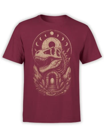 Burgundy dinosaur skull T-shirt with moon phases, crystals, plants, and a mysterious stone arch design