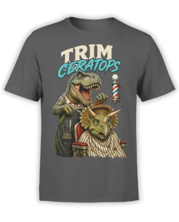 Gray dinosaur T-shirt with a T-Rex barber, triceratops customer, and Trim Ceratops lettering