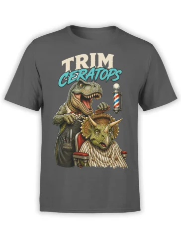 Gray dinosaur T-shirt with a T-Rex barber, triceratops customer, and Trim Ceratops lettering
