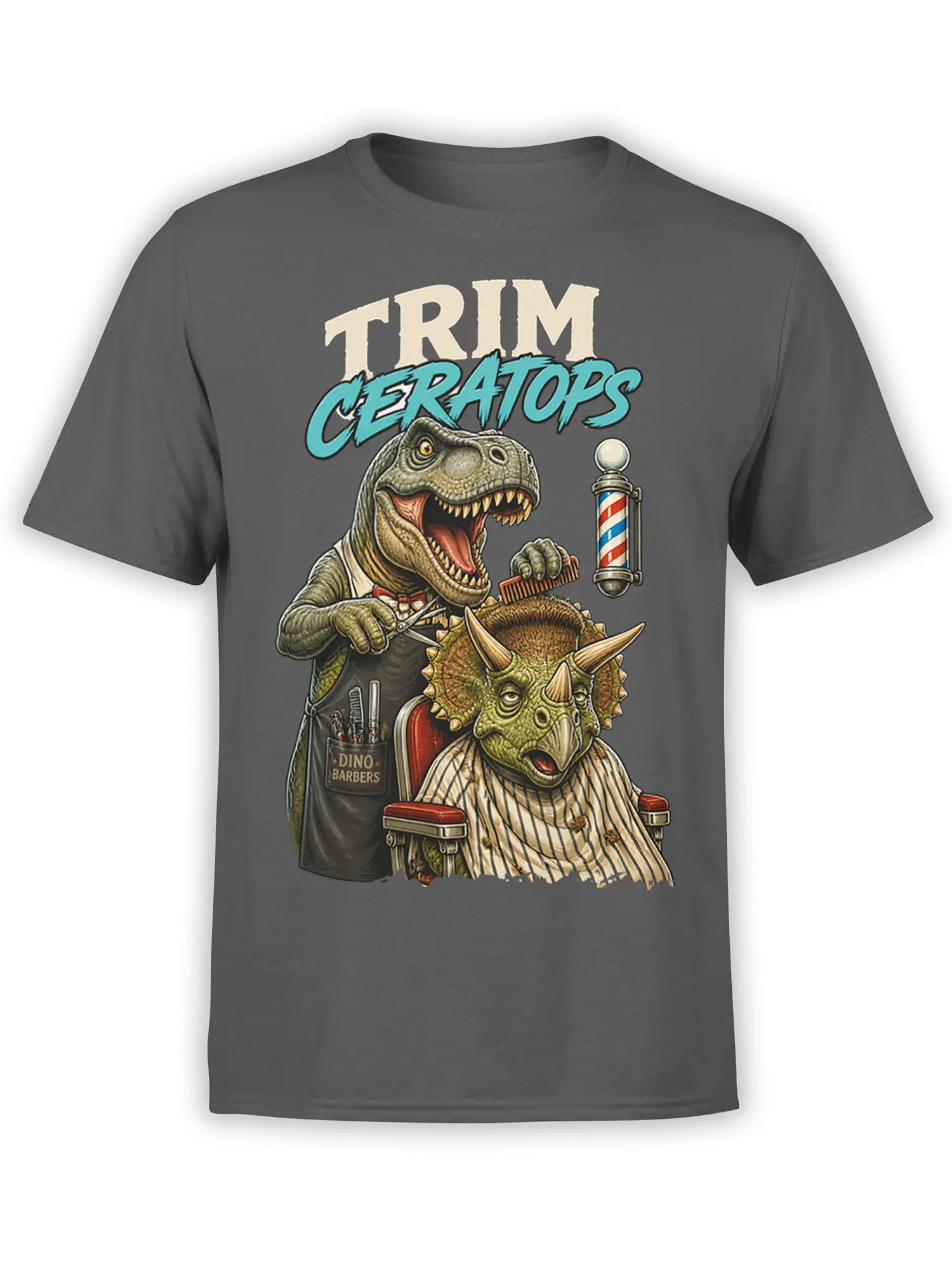 Gray dinosaur T-shirt with a T-Rex barber, triceratops customer, and Trim Ceratops lettering