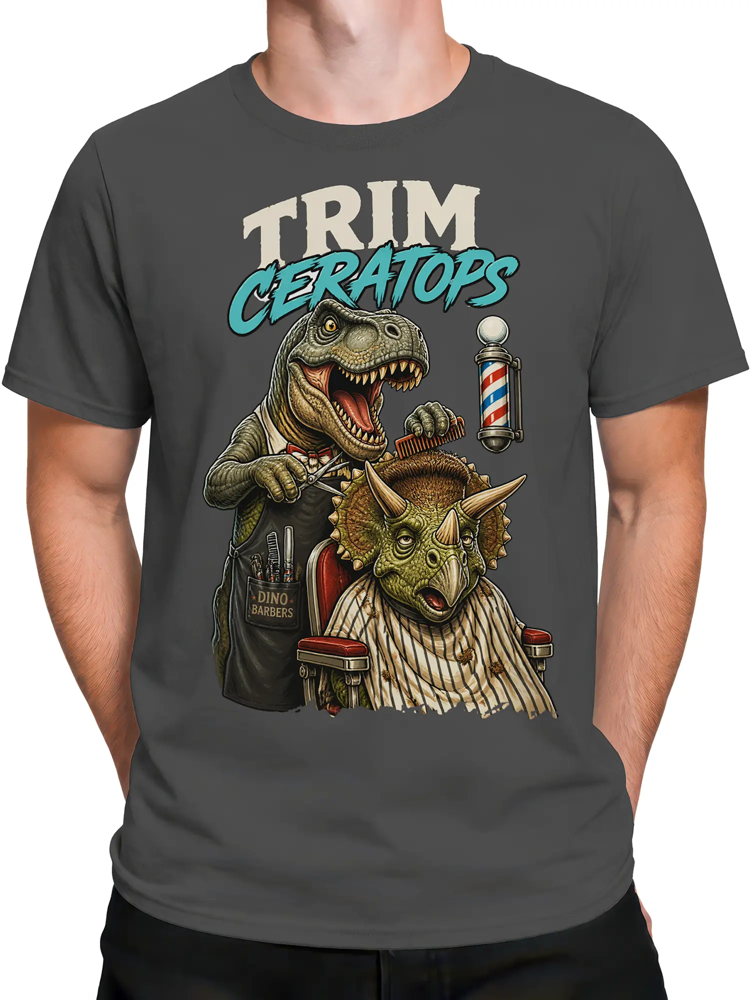 Male torso wearing a gray dinosaur barber T-shirt with detailed T-Rex and triceratops artwork