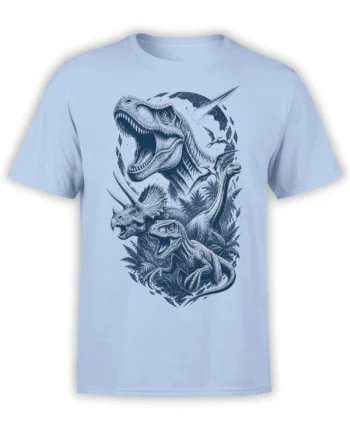 Light blue dinosaur T-shirt with roaring prehistoric creatures, ferns, flying reptiles, and a meteor design