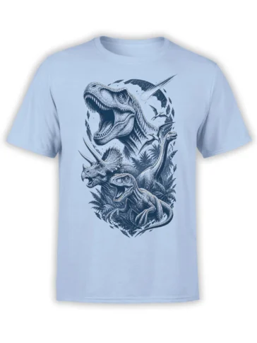 Light blue dinosaur T-shirt with roaring prehistoric creatures, ferns, flying reptiles, and a meteor design
