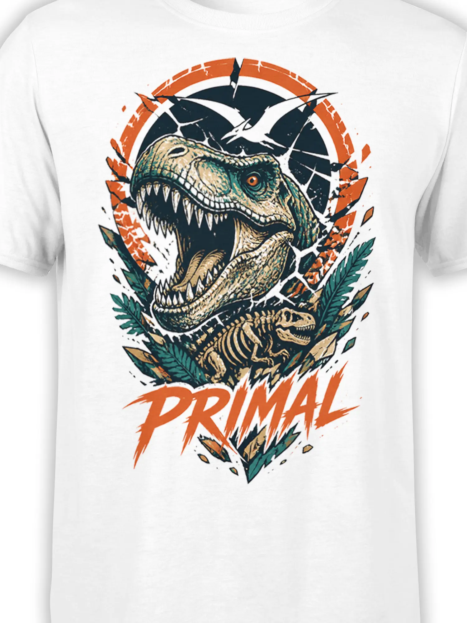 Close-up of roaring dinosaur skull and skeleton artwork with cracked details and orange PRIMAL lettering on white fabric