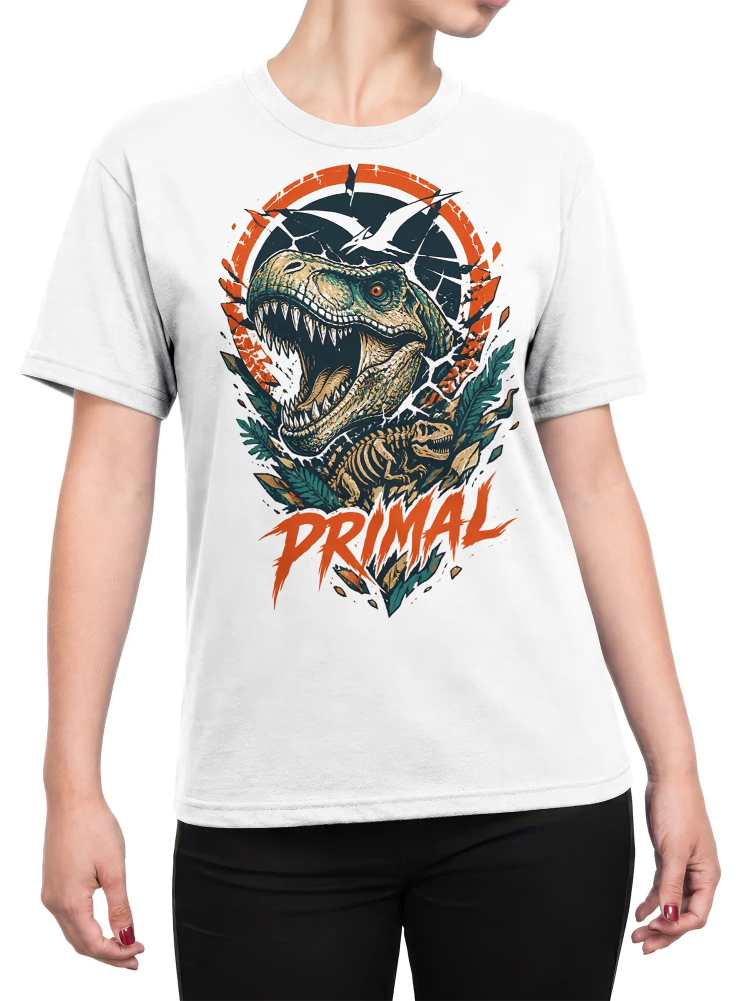 Female torso wearing a white dinosaur T-shirt with roaring skull, skeleton artwork, and vintage PRIMAL lettering
