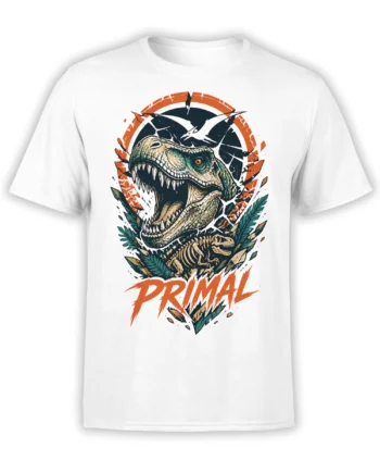 White dinosaur T-shirt with roaring prehistoric skull, skeleton artwork, teal leaves, and bold orange PRIMAL lettering