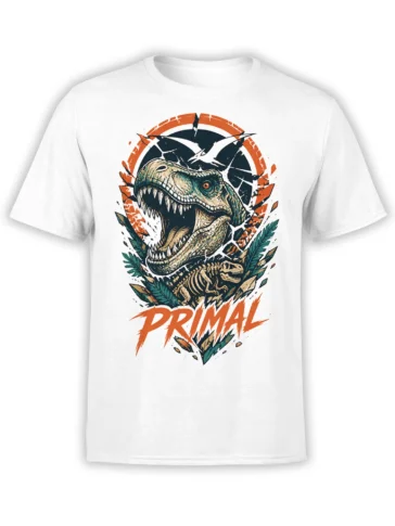 White dinosaur T-shirt with roaring prehistoric skull, skeleton artwork, teal leaves, and bold orange PRIMAL lettering