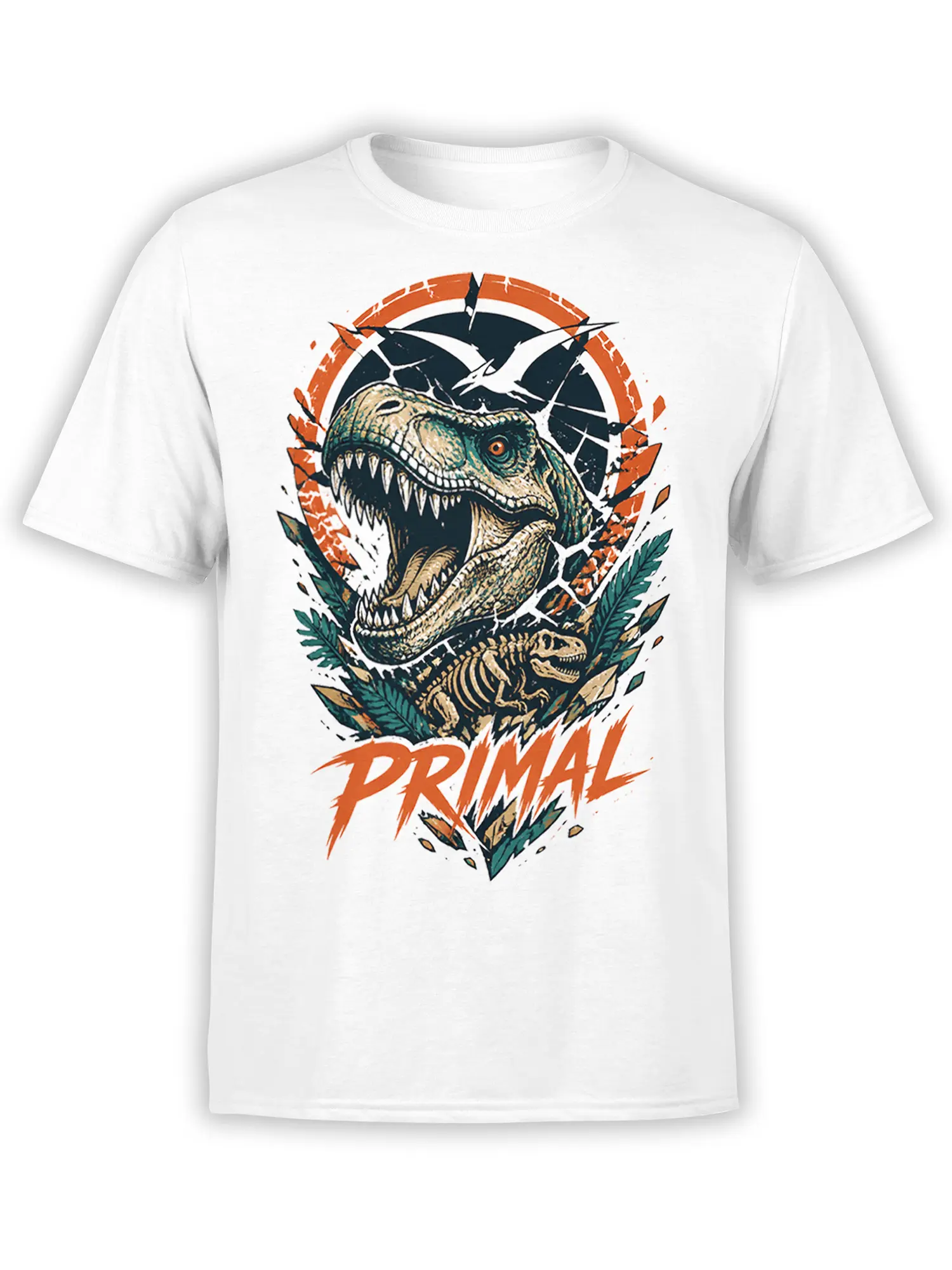White dinosaur T-shirt with roaring prehistoric skull, skeleton artwork, teal leaves, and bold orange PRIMAL lettering