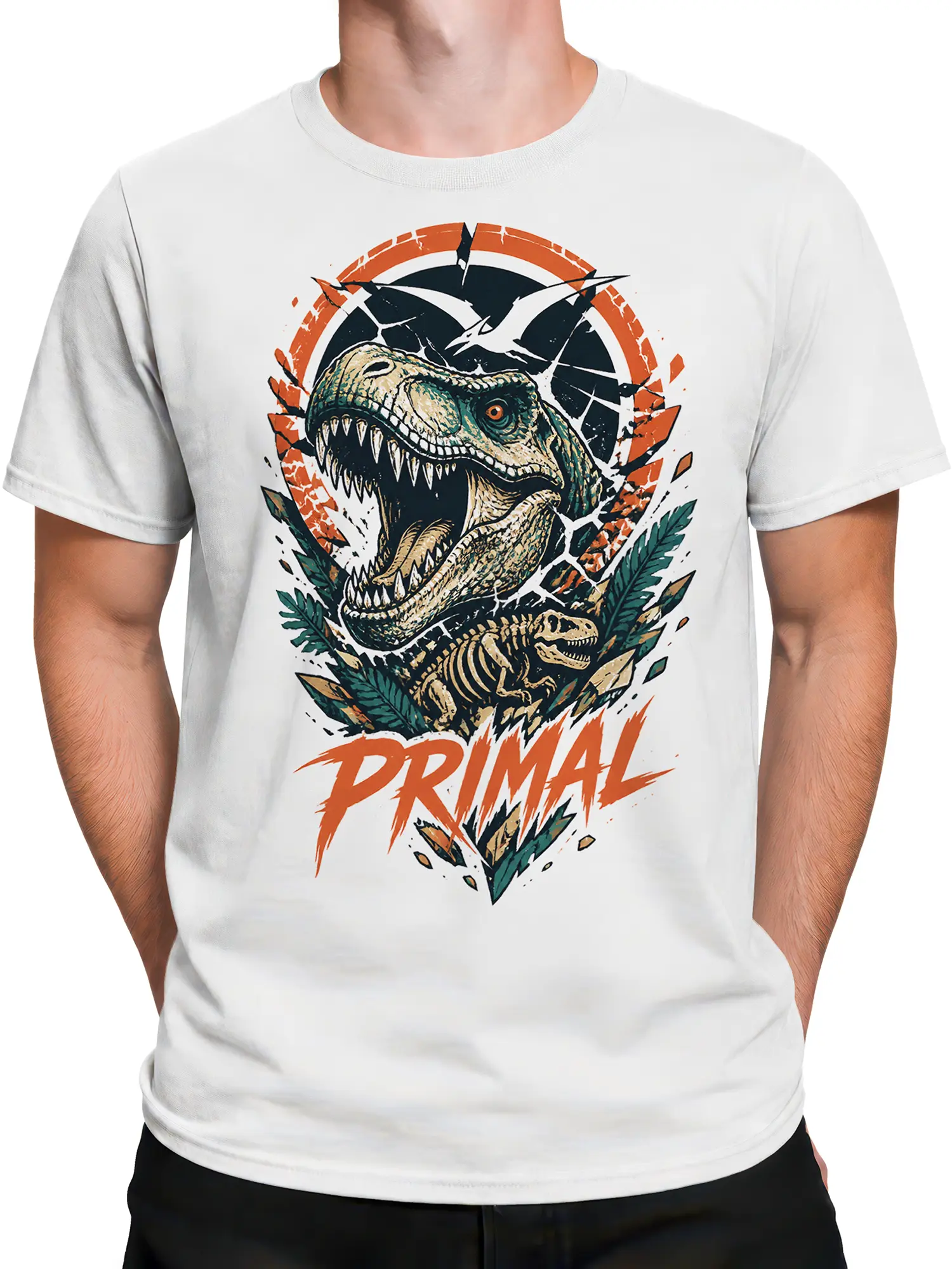 Male torso wearing a white dinosaur T-shirt with vintage roaring skull and prehistoric skeleton design