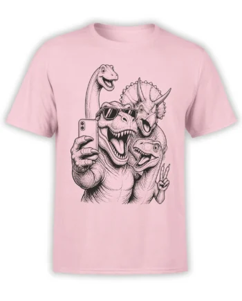 Pink dinosaur T-shirt with a vintage group selfie illustration featuring sunglasses, sharp teeth, and playful prehistoric creatures