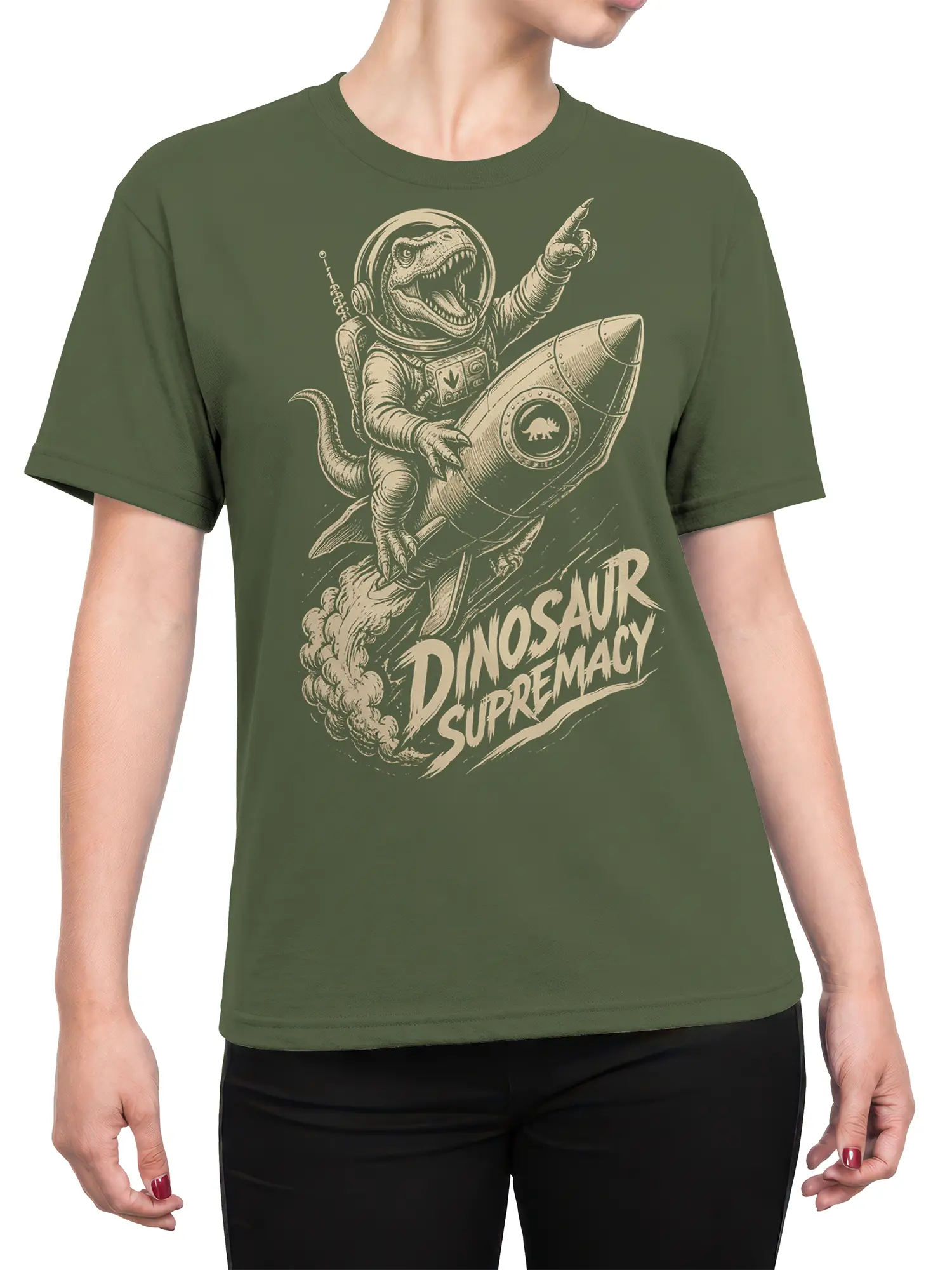 Female torso wearing an olive green dinosaur astronaut rocket t-shirt with bold Dinosaur Supremacy artwork