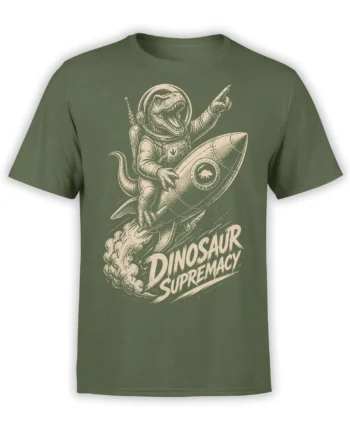 Olive green dinosaur t-shirt with a roaring astronaut dinosaur riding a rocket and Dinosaur Supremacy text