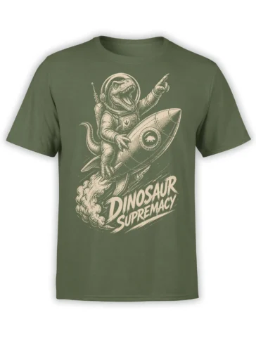 Olive green dinosaur t-shirt with a roaring astronaut dinosaur riding a rocket and Dinosaur Supremacy text