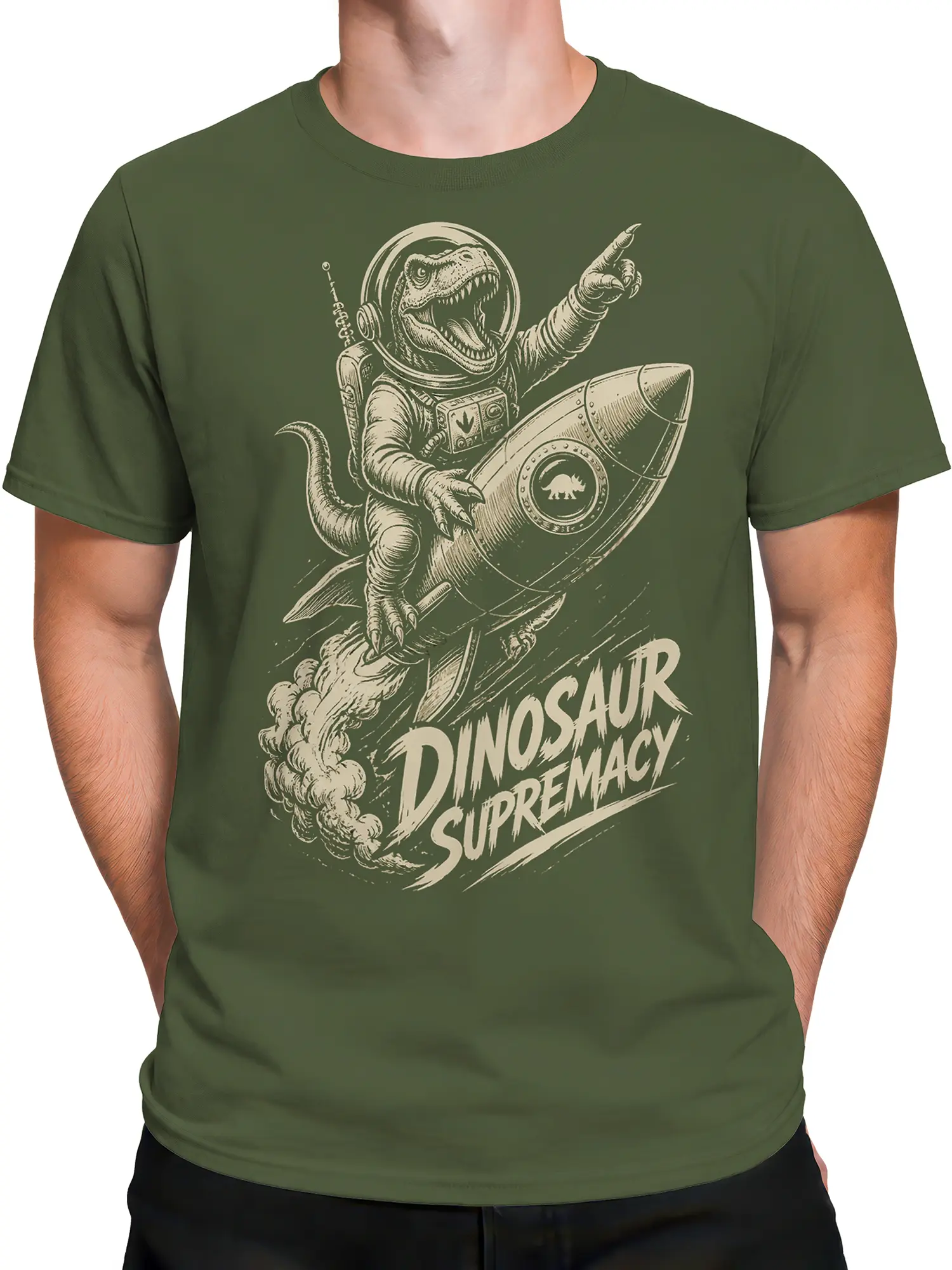 Male torso wearing an olive green dinosaur t-shirt with astronaut rocket artwork and supremacy lettering