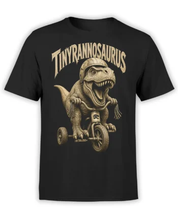 Black T-shirt with a tiny helmeted dinosaur riding a tricycle beneath distressed vintage lettering