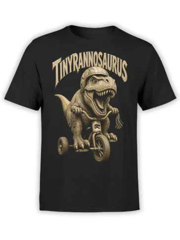 Black T-shirt with a tiny helmeted dinosaur riding a tricycle beneath distressed vintage lettering