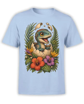 Light blue dinosaur T-shirt with a colorful hatchling breaking from an egg among tropical leaves and flowers