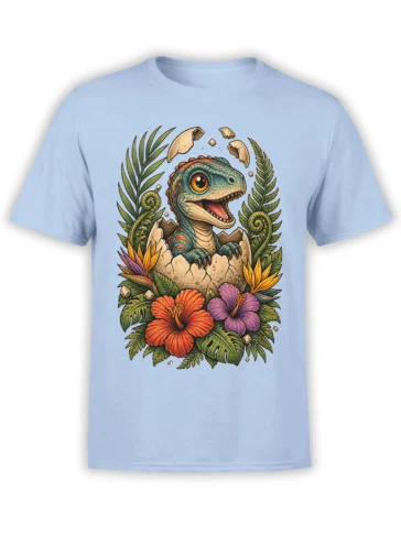 Light blue dinosaur T-shirt with a colorful hatchling breaking from an egg among tropical leaves and flowers