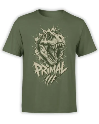 Primal dinosaur skull T-shirt in olive green with sharp teeth, spikes, claw marks, and distressed PRIMAL lettering