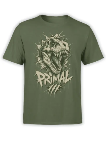 Primal dinosaur skull T-shirt in olive green with sharp teeth, spikes, claw marks, and distressed PRIMAL lettering
