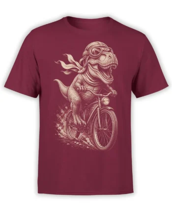 Vintage burgundy dinosaur T-shirt showing a roaring goggle-wearing dinosaur riding a bicycle with a flying scarf