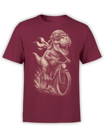 Vintage burgundy dinosaur T-shirt showing a roaring goggle-wearing dinosaur riding a bicycle with a flying scarf
