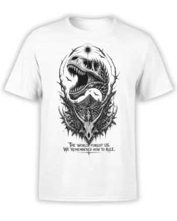 White T-shirt with roaring skeletal dinosaur, horned skull, moonlit mountains, bats, and dark fantasy artwork