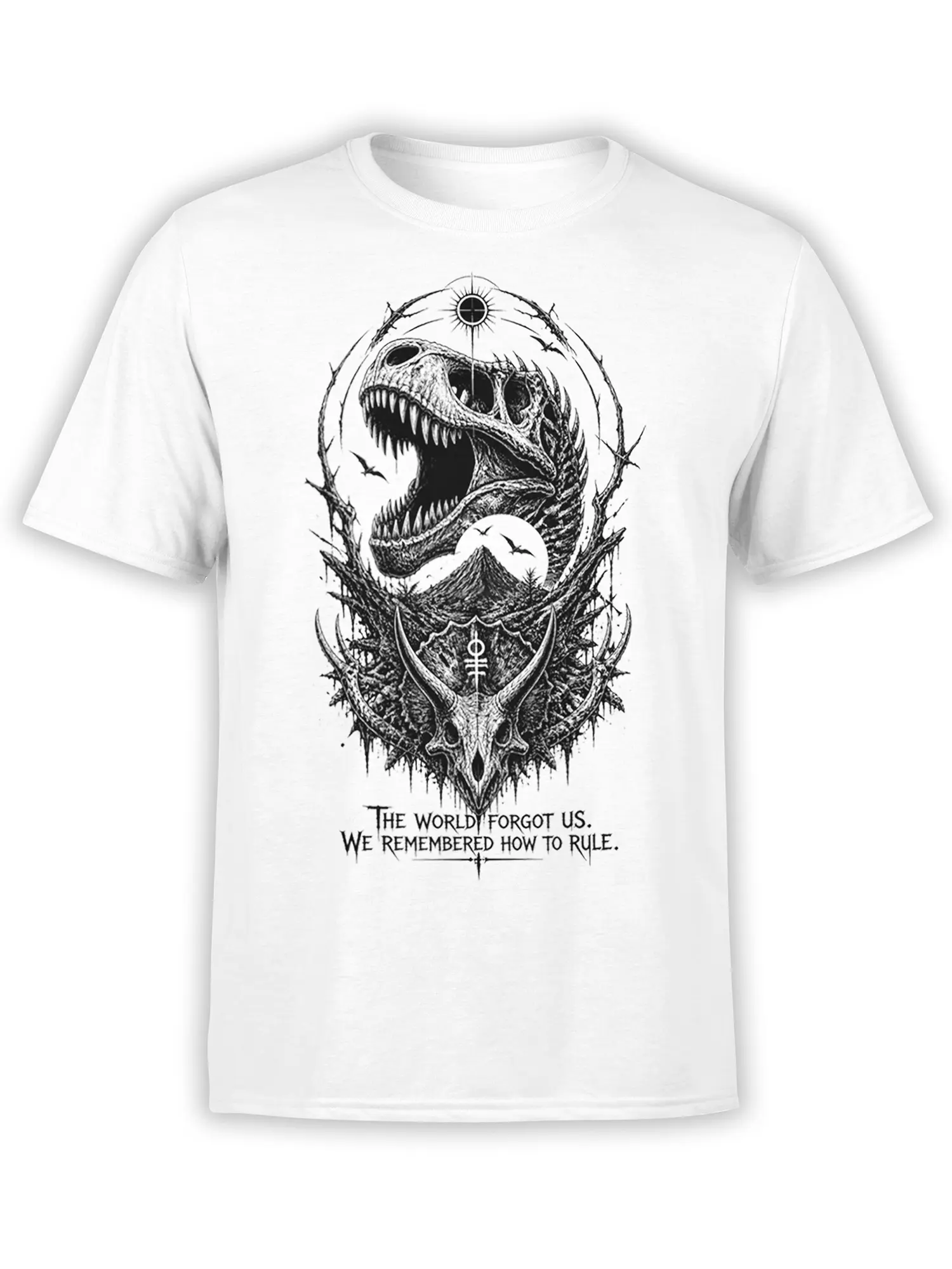 White T-shirt with roaring skeletal dinosaur, horned skull, moonlit mountains, bats, and dark fantasy artwork