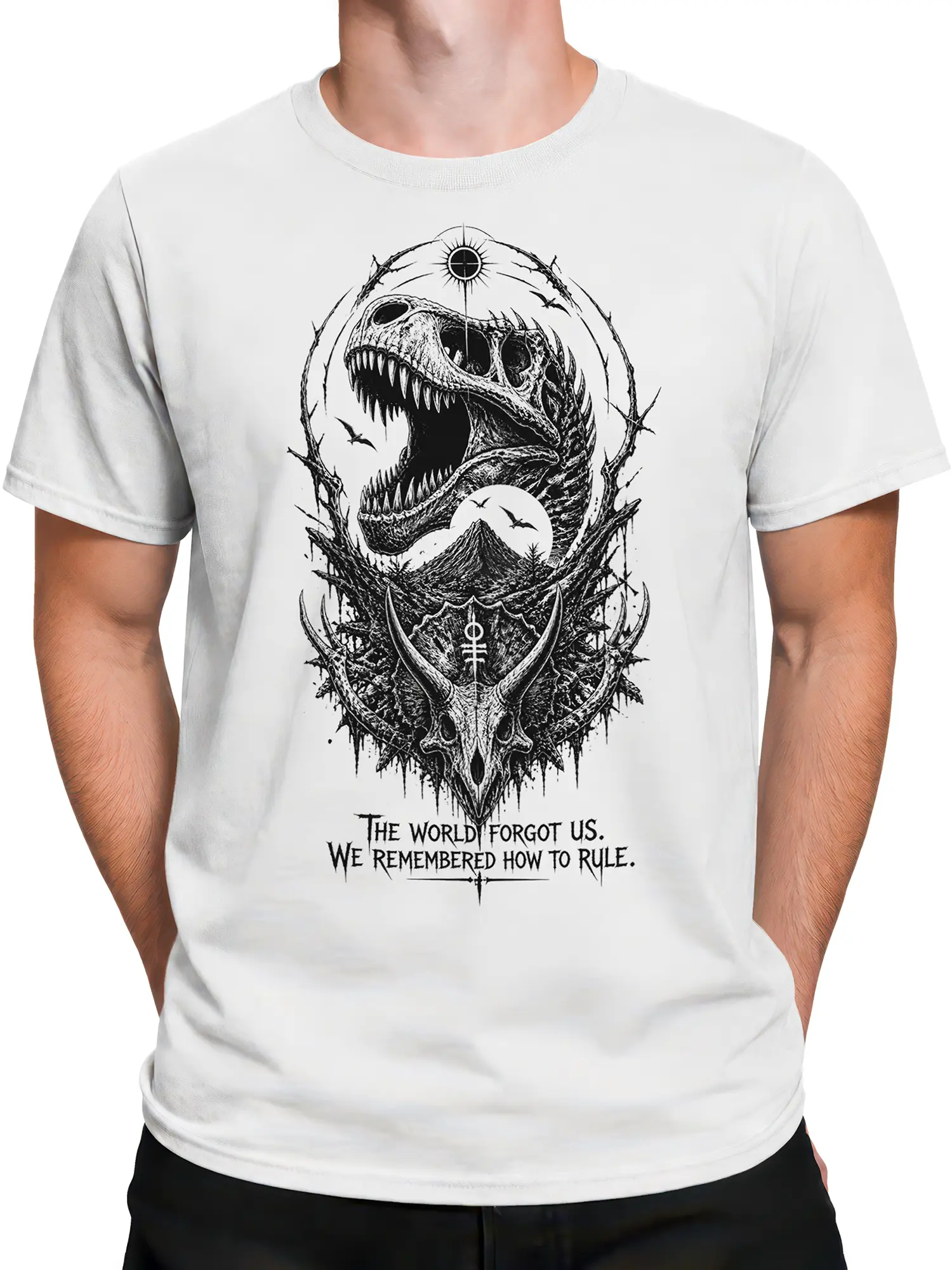 Male torso wearing a white dinosaur graphic tee with black prehistoric artwork and dramatic skull imagery