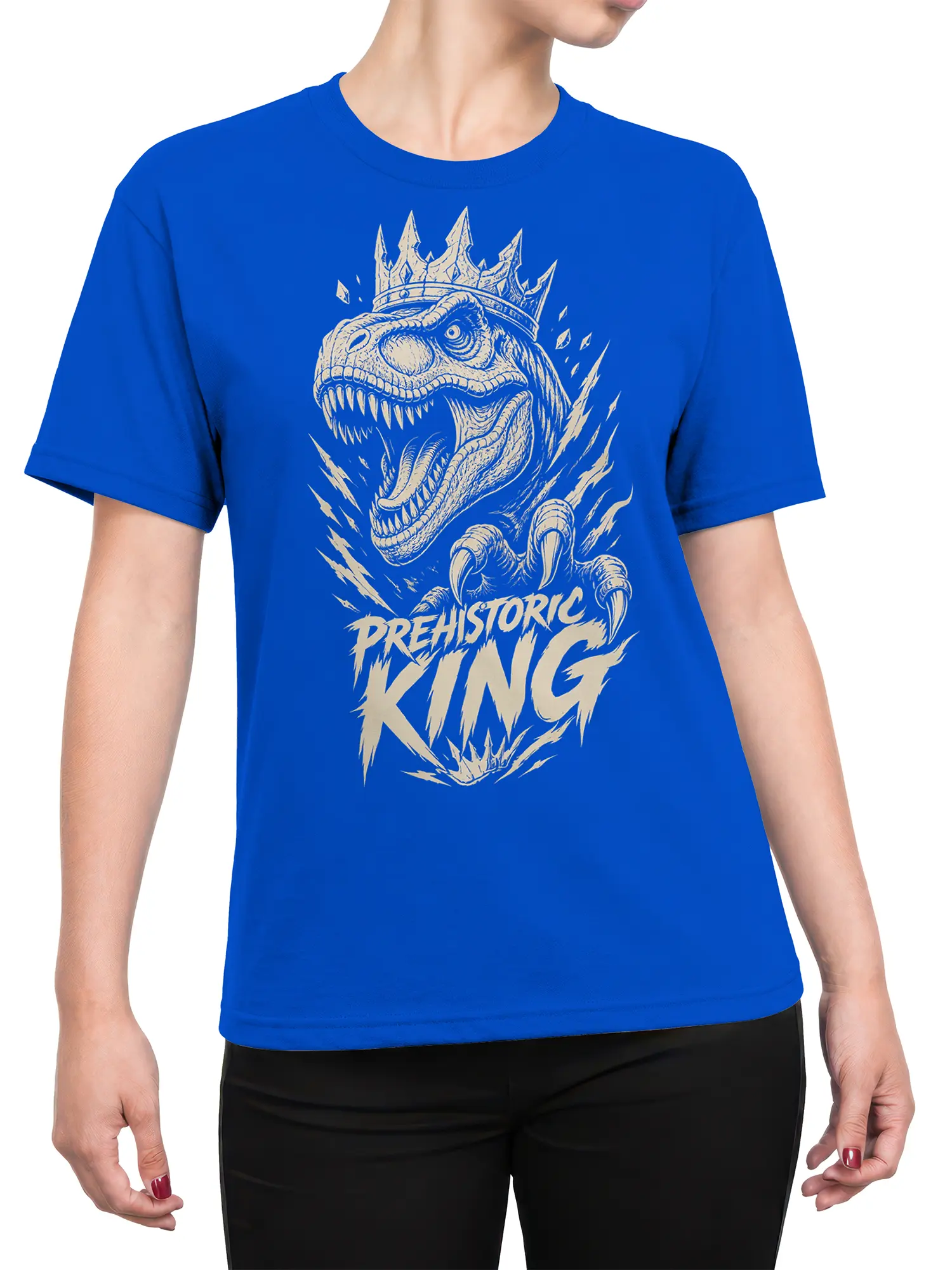 Female torso wearing a blue T-shirt with crowned Tyrannosaurus rex and “PREHISTORIC KING” design