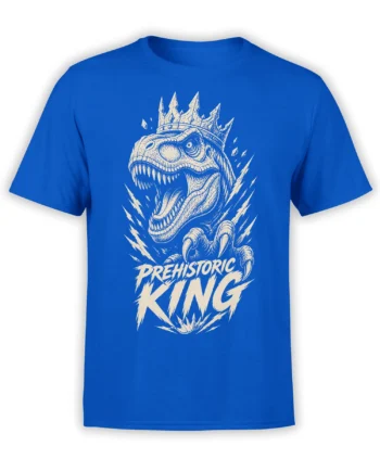 Blue dinosaur T-shirt with a crowned roaring Tyrannosaurus rex and “PREHISTORIC KING” cream lettering