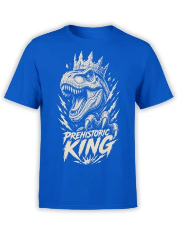 Blue dinosaur T-shirt with a crowned roaring Tyrannosaurus rex and “PREHISTORIC KING” cream lettering