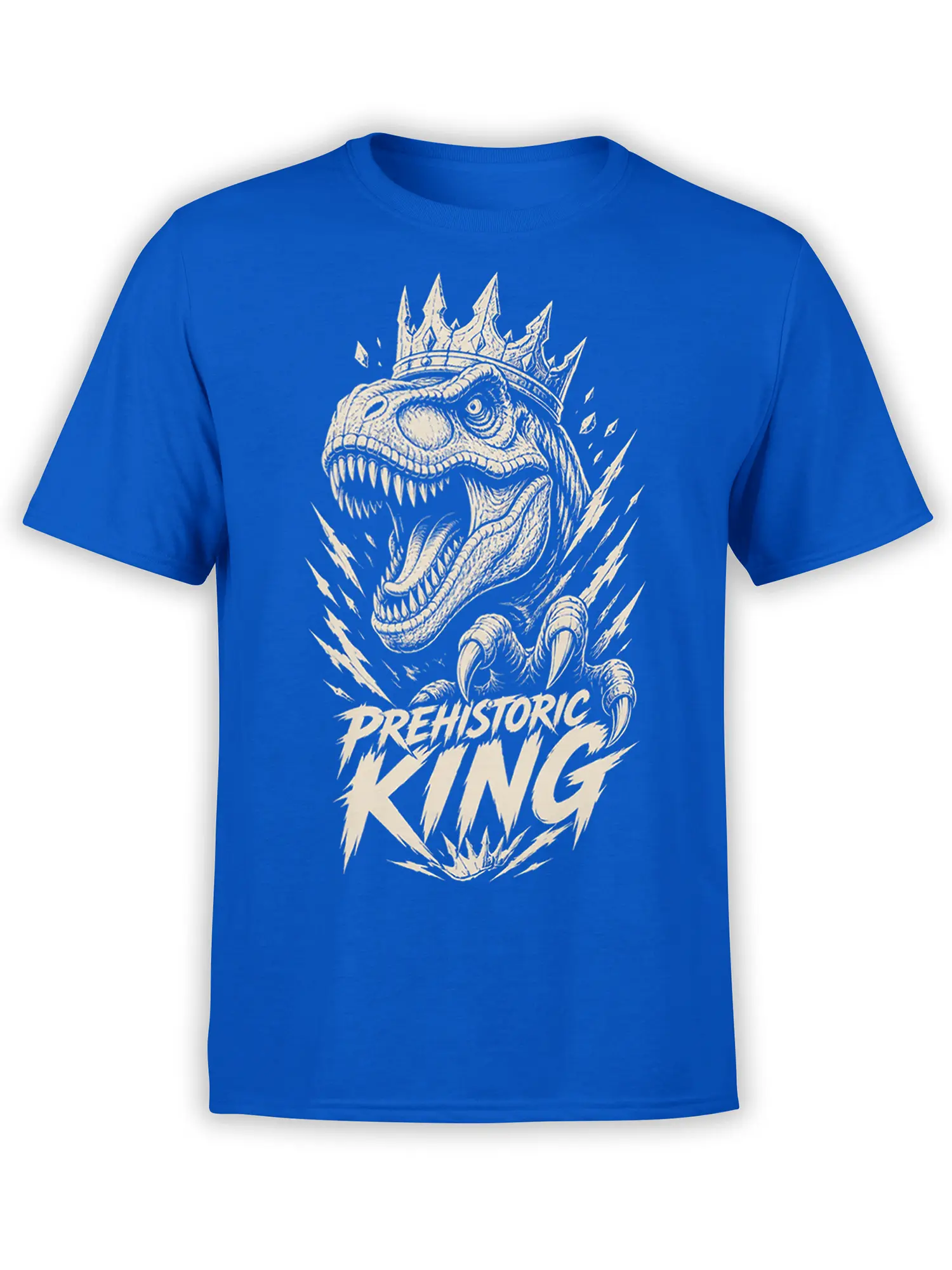 Blue dinosaur T-shirt with a crowned roaring Tyrannosaurus rex and “PREHISTORIC KING” cream lettering