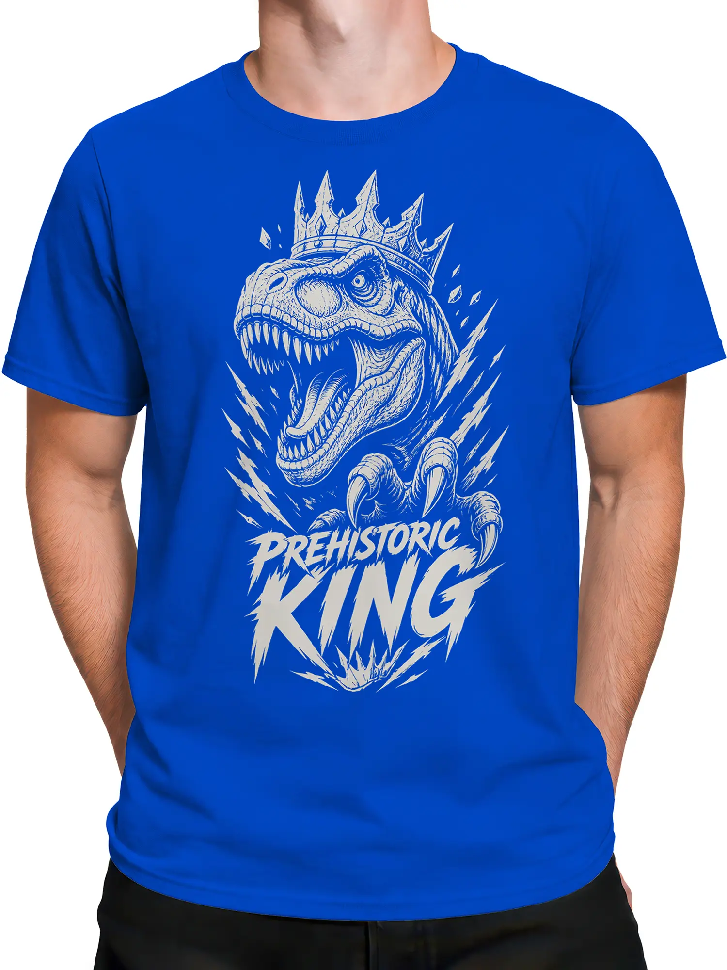 Male torso wearing a blue crowned dinosaur T-shirt with “PREHISTORIC KING” artwork