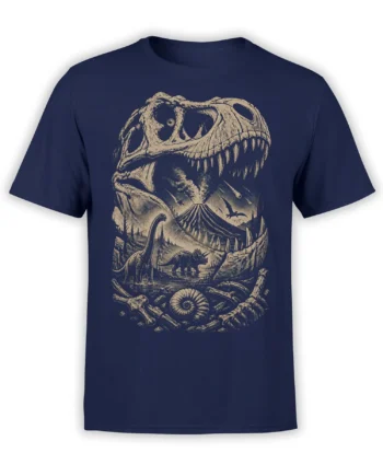 Vintage dinosaur skull and prehistoric landscape with volcano, roaming dinosaurs, and fossils on a navy T-shirt