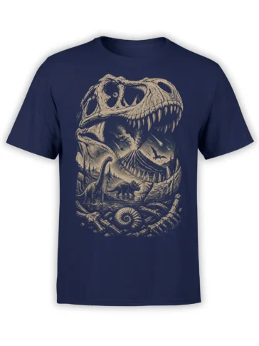 Vintage dinosaur skull and prehistoric landscape with volcano, roaming dinosaurs, and fossils on a navy T-shirt