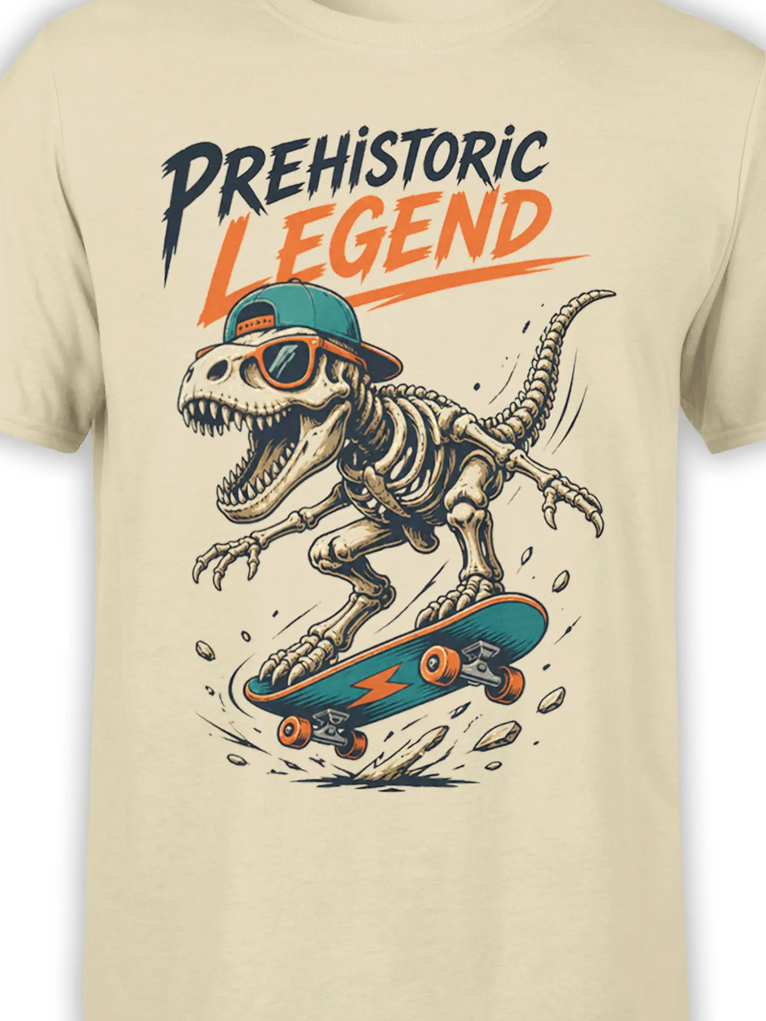 Close-up of the skeletal dinosaur, sunglasses, cap, skateboard, and Prehistoric Legend artwork on a beige shirt