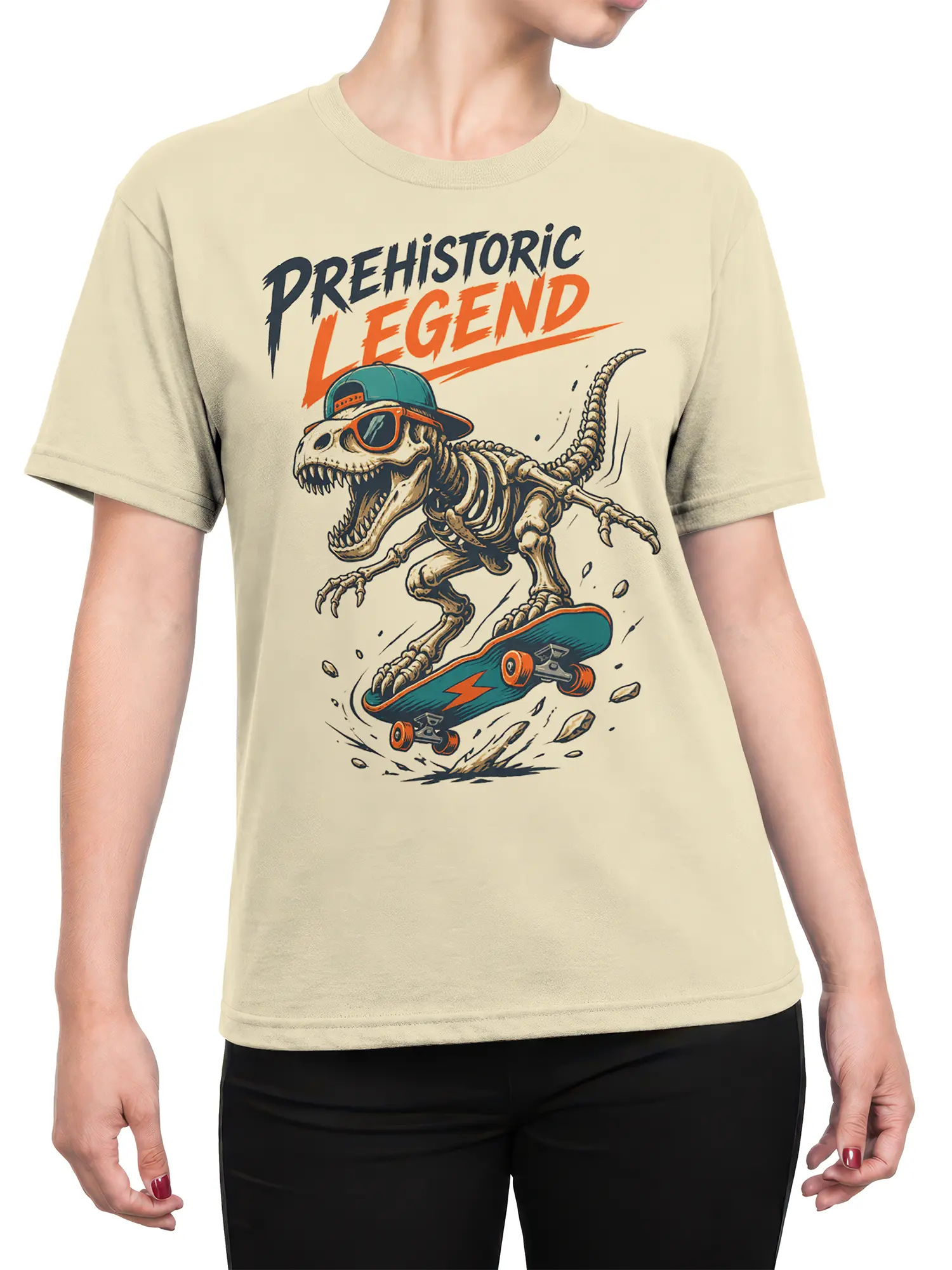 Female torso wearing a beige dinosaur T-shirt with a sunglass-wearing skeleton riding a skateboard