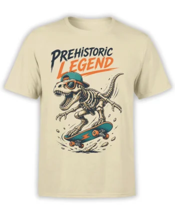Beige T-shirt with a skeleton dinosaur in sunglasses riding a teal skateboard under Prehistoric Legend text